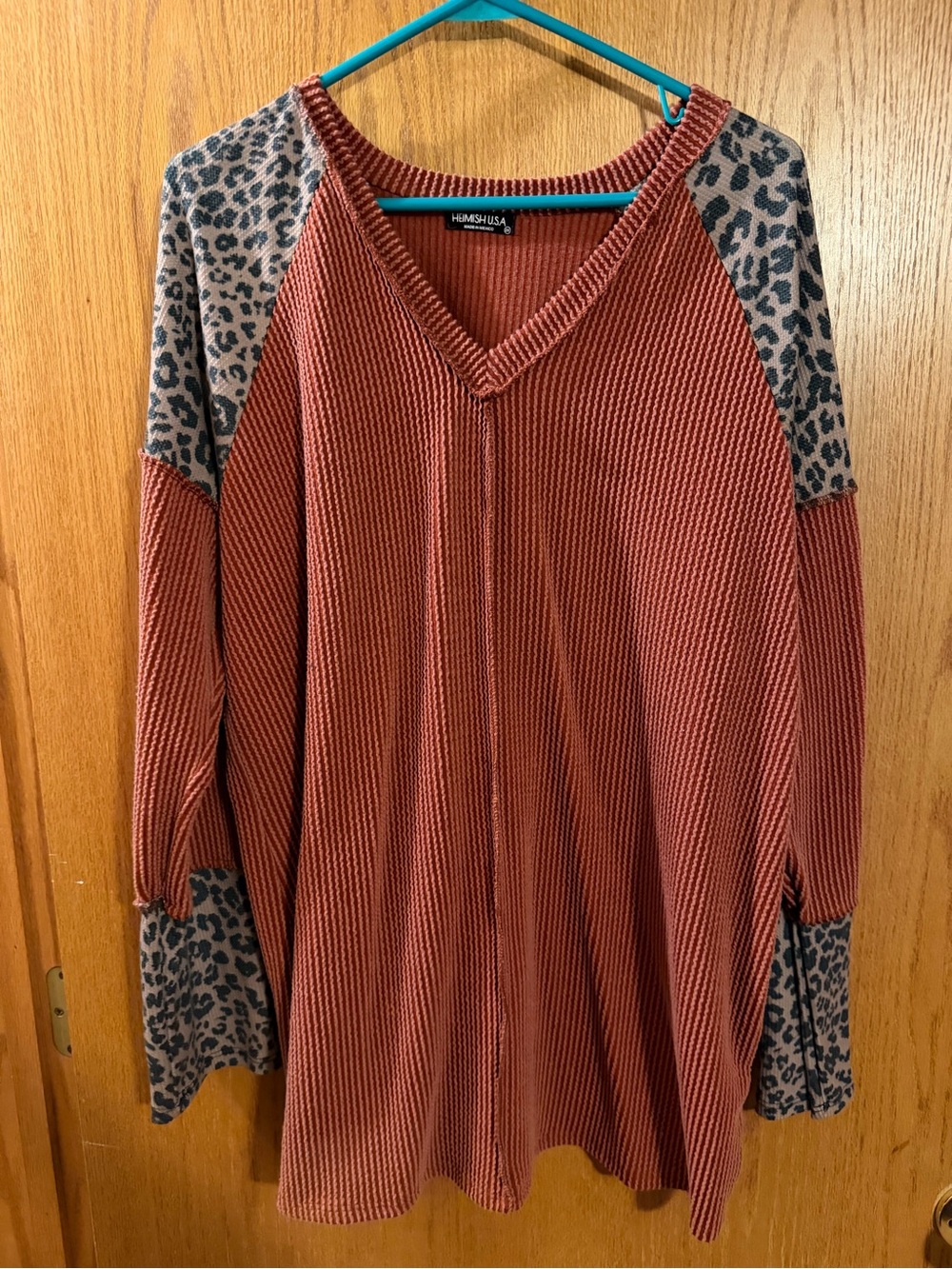 HEIMISH USA Rust V-Neck Tunic with Gray Leopard-Print Sleeves